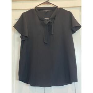 Papaya Black short flutter sleeve blouse with v neck and tie Large